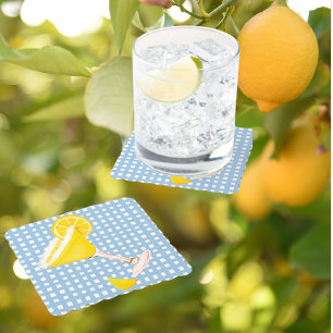 Dessous De Verre Rond Citron jaune rétro Bleu Chèque blanc