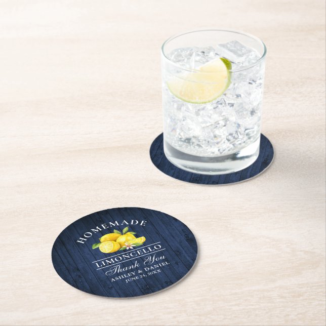 Dessous De Verre Rond Citrons Limoncello Mariage Bleu Faux Bois (En situation)