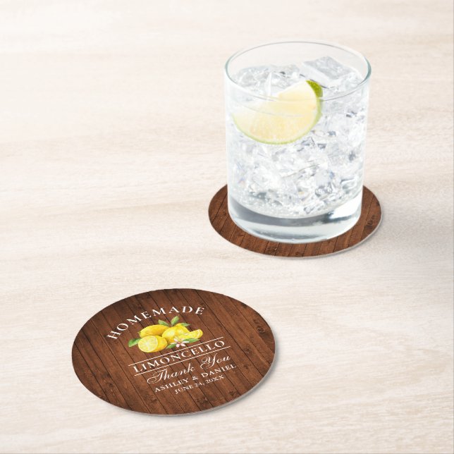 Dessous De Verre Rond Citrons Limoncello Mariage Faux Wood (En situation)