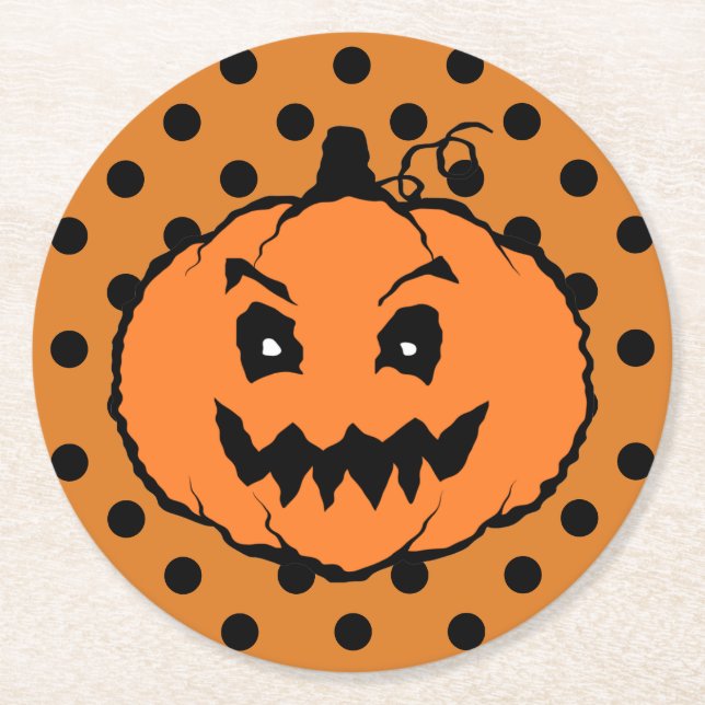 Dessous De Verre Rond Citrouille d'horreur d'Halloween Pois noirs (Devant)