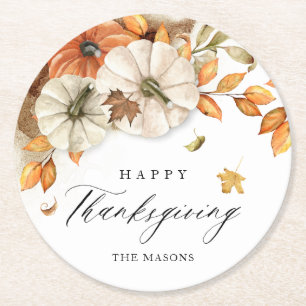 Dessous De Verre Rond Citrouille et Feuilles de Thanksgiving