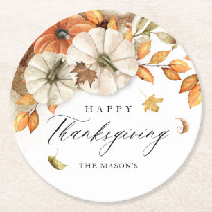 Dessous De Verre Rond Citrouille et Feuilles de Thanksgiving