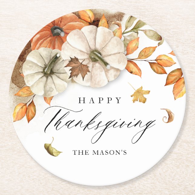 Dessous De Verre Rond Citrouille et Feuilles de Thanksgiving (Devant)