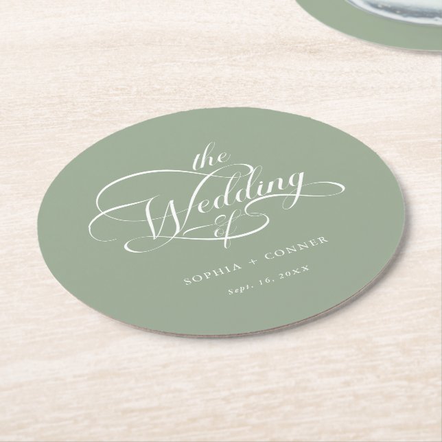 Dessous De Verre Rond Classé Calligraphie Mariage Sage Green (Incliné)