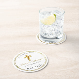 Dessous De Verre Rond Classico Blanco Dorado Bautizo de Bebé Gracias