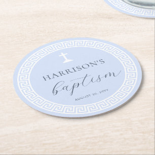 Dessous De Verre Rond Clé grecque Baptême bleu