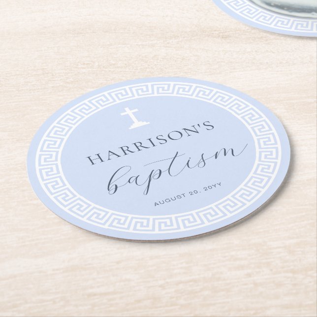 Dessous De Verre Rond Clé grecque Baptême bleu (Incliné)