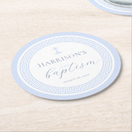 Dessous De Verre Rond Clé grecque Baptême Bleu Blanc