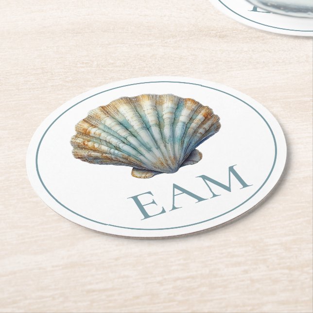 Dessous De Verre Rond Coastal Blue Scallop Seashell Monogram (Incliné)