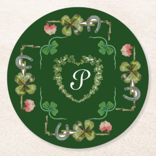 DESSOUS DE VERRE ROND CŒUR DE TRÈFLE, FLEURS ROSES, MONOGRAMME FLORAL VE