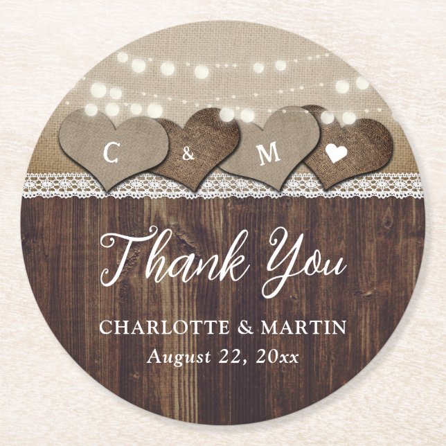 Dessous De Verre Rond Coeurs de bois rustique Monogramme Mariage Merci (Devant)