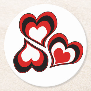Dessous De Verre Rond Coeurs, rouge, noir, blanc, Saint Valentin.