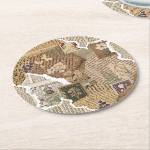 Dessous De Verre Rond Collage Floral Album de Coupures de Presse Antique