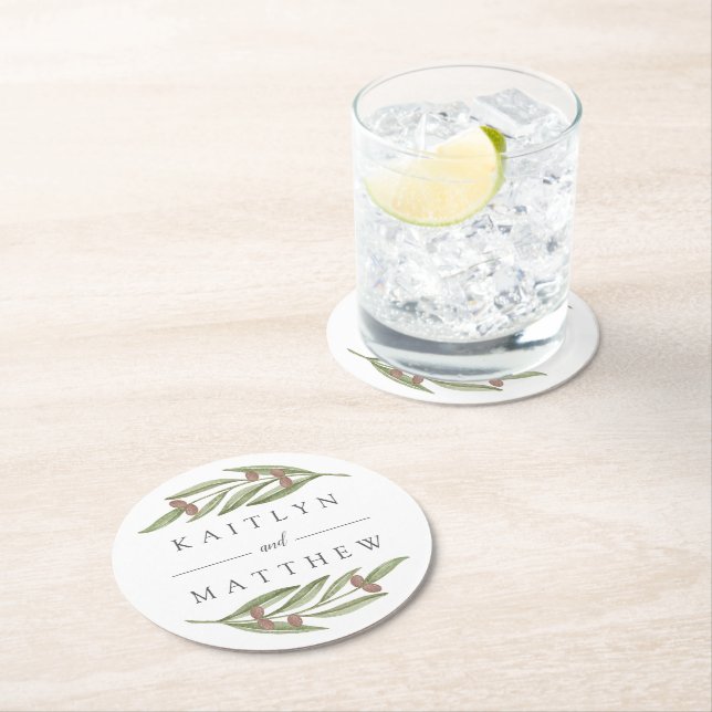 Dessous De Verre Rond Collection de Mariages de Branches d'Olivier (En situation)