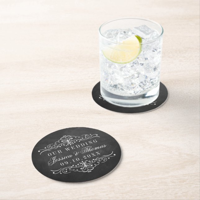 Dessous De Verre Rond Collection de Mariages Ornate Chalkboard (En situation)