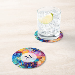 Dessous De Verre Rond Coloré alcool encre moderne aquarelles arrière - p