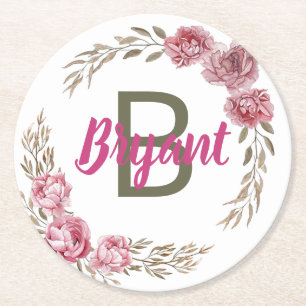 Dessous De Verre Rond Conception de monogramme rose.Rose personnalisée