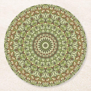 Dessous De Verre Rond Conception de motif mandala de couleur vert terre