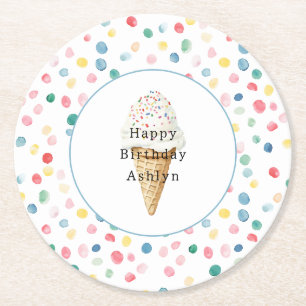Dessous De Verre Rond Cône de Glace Anniversaire Confettis Points Coloré