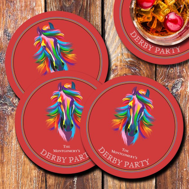 Dessous De Verre Rond Couleur Racehorse Derby Party Rouge (Colorful Racehorse Derby Party Round Red Paper Coasters)