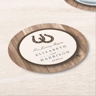Dessous De Verre Rond Country Rustic Horseshoe & Brown Wood Mariage