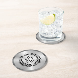 Dessous De Verre Rond Couronne de laurier noir sur monogramme personnali