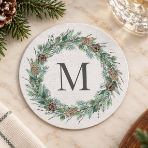 Dessous De Verre Rond Couronne de monogramme de verdure rustique d'hiver