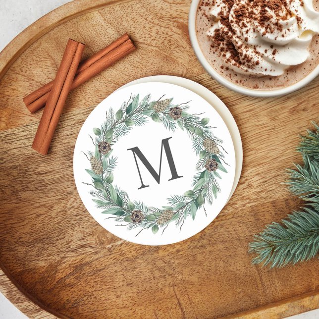 Dessous De Verre Rond Couronne de monogramme initiale de verdure hiverna (Créateur téléchargé)