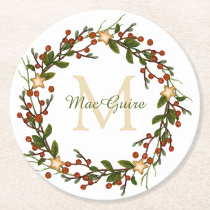 Dessous De Verre Rond Couronne de Noël élégante monogramme initiale