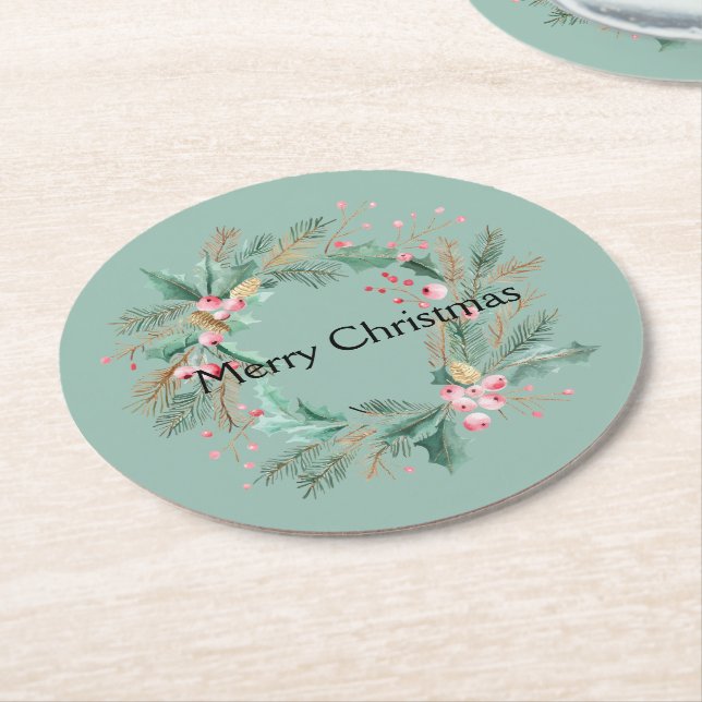 Dessous De Verre Rond Couronne de Noël rose vert (Incliné)