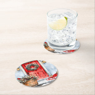 Dessous De Verre Rond Couronne de Noël rouge rustique vintage pour porte