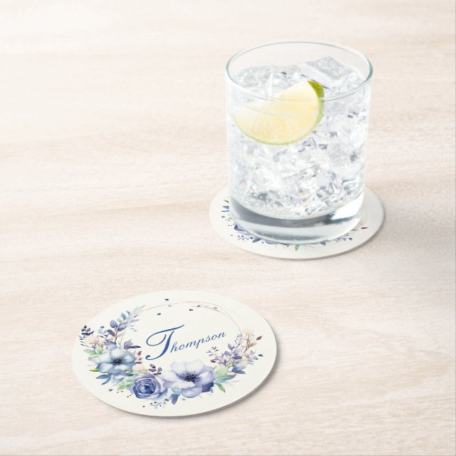 Dessous De Verre Rond Couronne florale bleue (En situation)