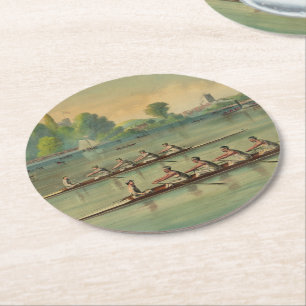 Dessous De Verre Rond Course de bateaux d'équipage de rameurs vintage