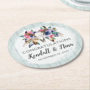 Dessous De Verre Rond Crâne de vache à fleurs rustiques aquarelle mariag