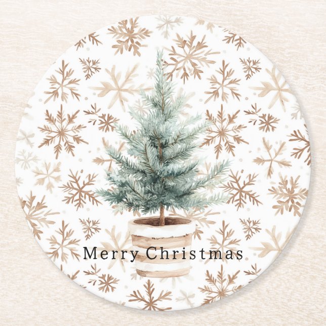 Dessous De Verre Rond Cream White Snowflakes Christmas Tree  (Devant)