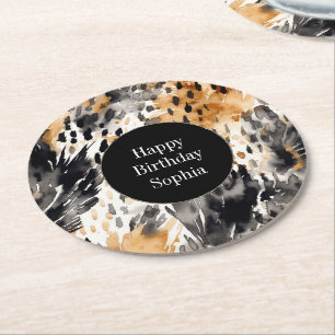 Dessous De Verre Rond Crème noire blanche léopard animal Anniversaire