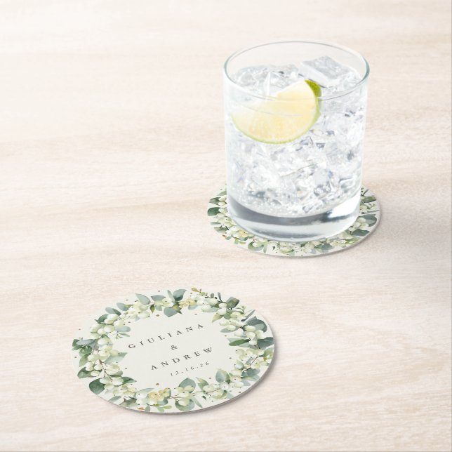Dessous De Verre Rond Crème Snowberry & Eucalyptus Mariage d'hiver (En situation)
