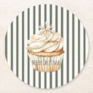 Dessous De Verre Rond Cupcake de Noël Olive Cream Stripes Flocon de Neig