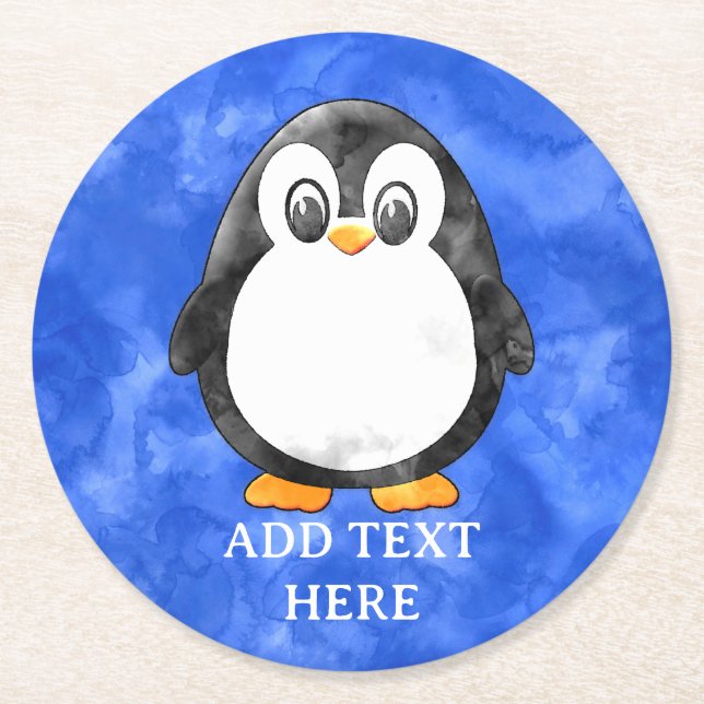 Dessous De Verre Rond Cute Aquarelle Pingouin bleu (Devant)