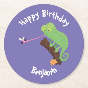 Dessous De Verre Rond Cute chameleon attraper un dessin animé