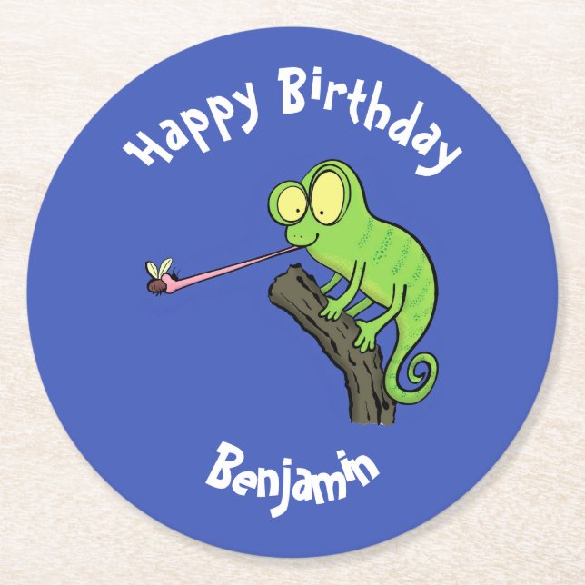 Dessous De Verre Rond Cute chameleon attraper un dessin animé (Devant)