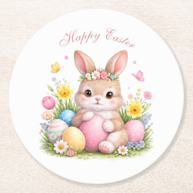 Dessous De Verre Rond Cute Easter Bunny Rabbit Pink Blush Peony (Devant)