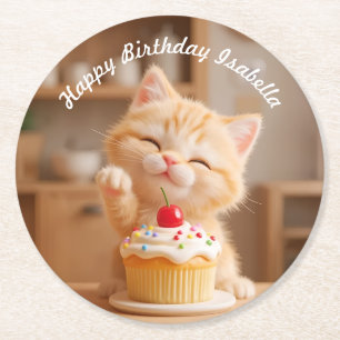 Dessous De Verre Rond Cute Orange Kitten avec un Cupcake