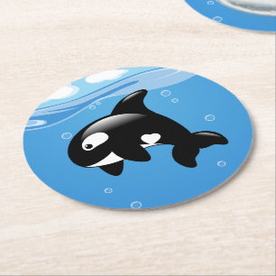 Dessous De Verre Rond Cute Orca Whale on Blue