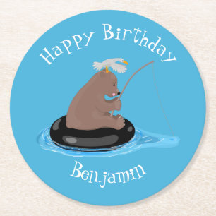Dessous De Verre Rond Cute ourson ourson pêche anniversaire personnalisé