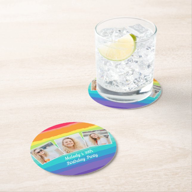 Dessous De Verre Rond Cute Rainbow Photo Collage Personnalisé Anniversai (En situation)