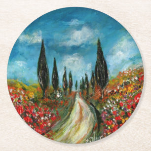 DESSOUS DE VERRE ROND CYPRÈS ET POPIES EN TOSCANE