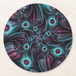 Dessous De Verre Rond Dans la profondeur Bleu rose Abstrait Fractal Art