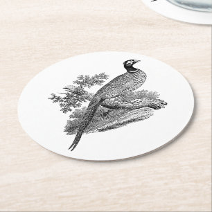 Dessous De Verre Rond Dessin en noir et blanc d'un faisan de chasse vint