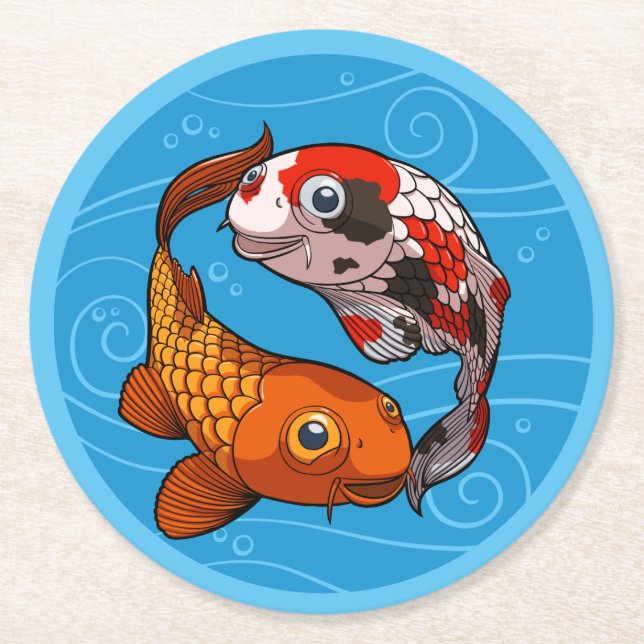 Dessous De Verre Rond Deux Koi Carp Friendly nager dans un dessin circul (Devant)